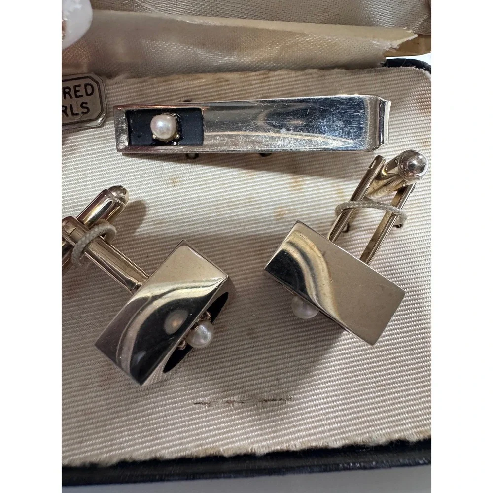 Vintage Shields Fifth Avenue Cufflinks Tie Bar Set Cultured‎ Pearls Rare